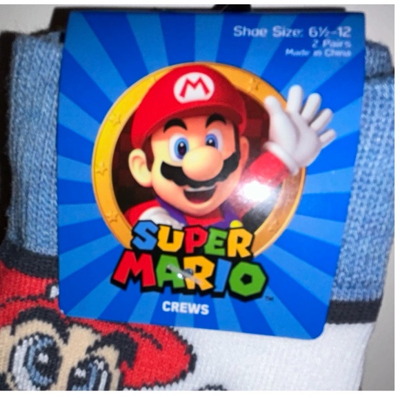 Super Mario Bros 3 Crew Socks 2 Pair Men 6.5-12 Blue Gray Red w Raccoon NES 8Bit - Picture 2 of 11